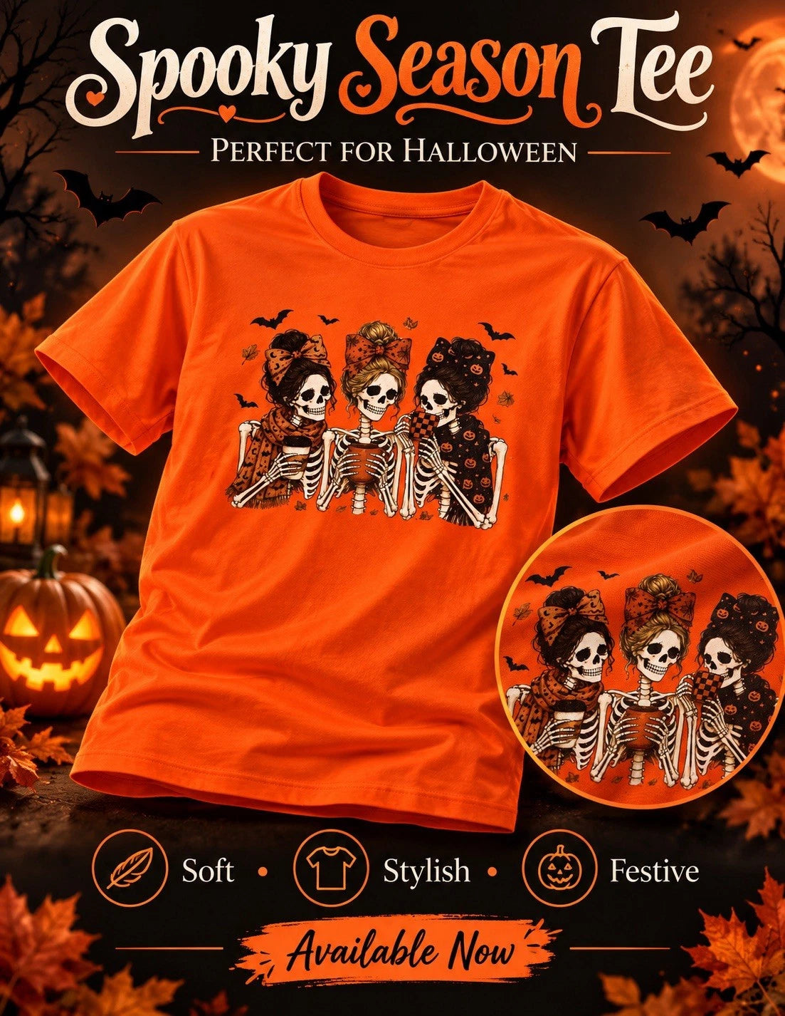 Spooky Season Orange Halloween Skull Graphic Crew Neck Short Sleeve T-Shirt