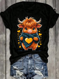 Highland Cow Heart TShirt Printed T-Shirt Black Short Sleeve Casual Crew Neck