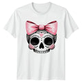 Pink Bow Skull Womens T-Shirt Coquette Aesthetic Halloween Gift For Her