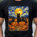 Starry Night Black Cats Shirt Halloween Pumpkin Patch Graphic Tee