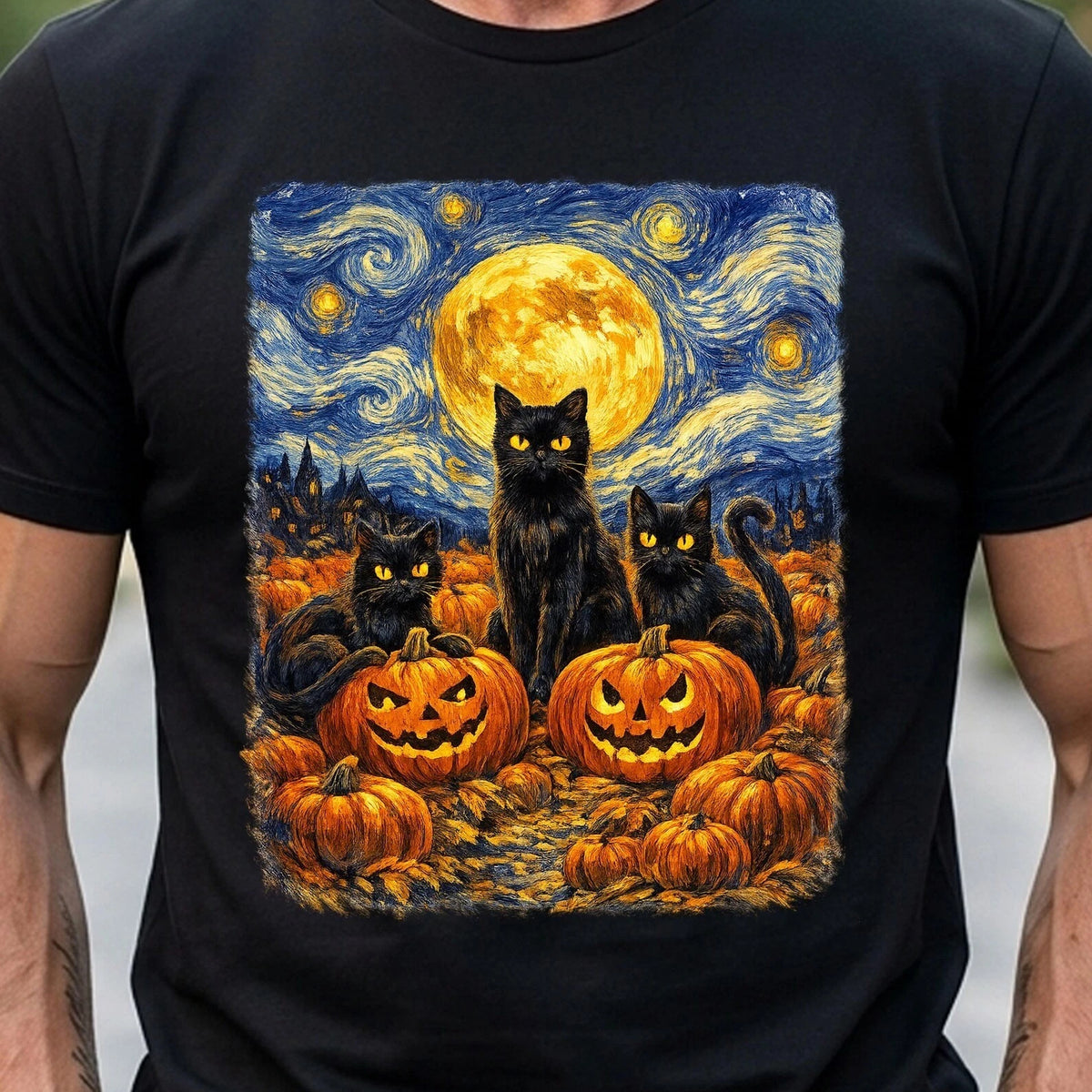 Starry Night Black Cats Shirt Halloween Pumpkin Patch Graphic Tee