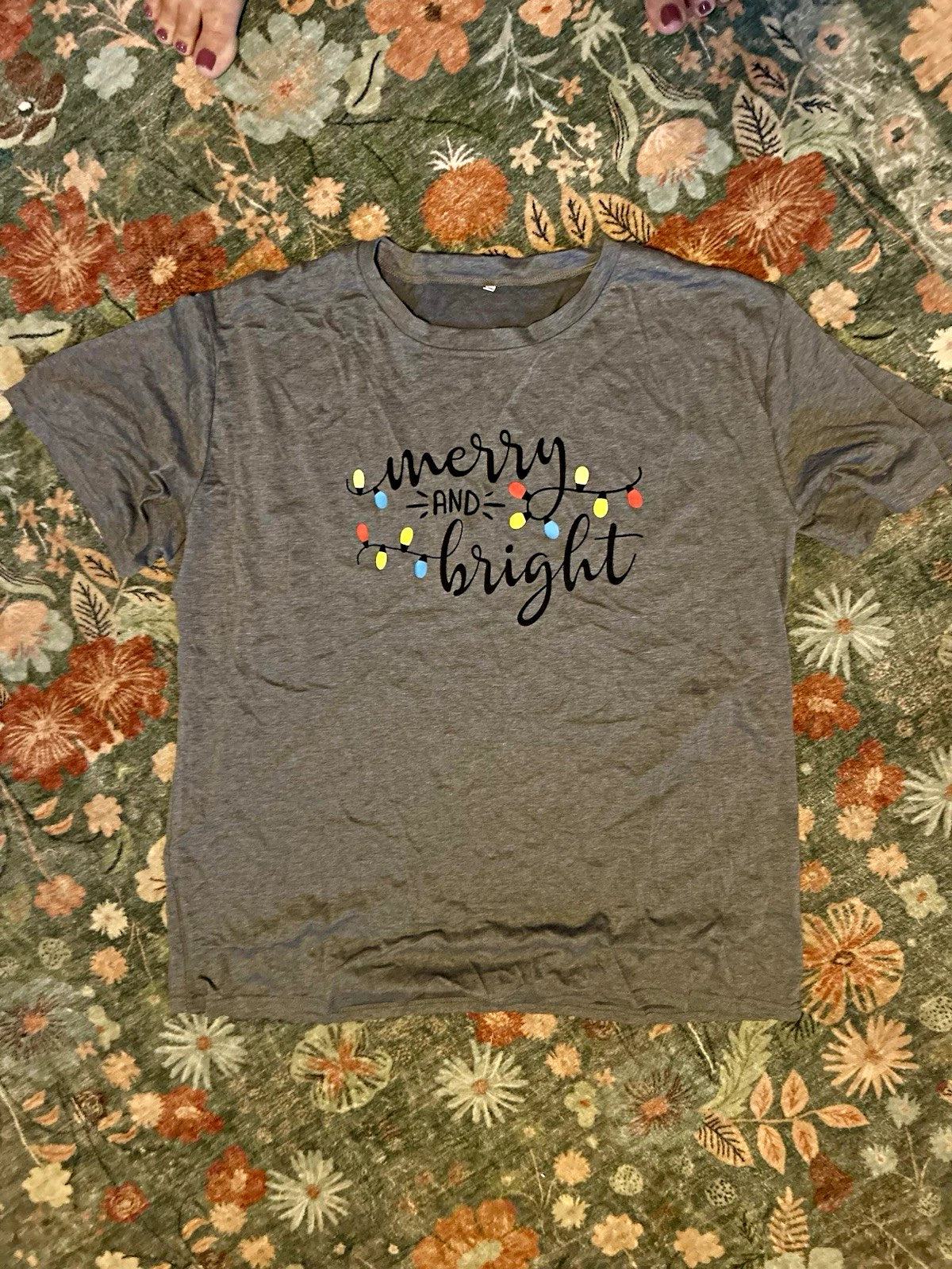 Gray Merry and Bright Christmas Graphic T-Shirt 3XL Big & Tall Crew Neck