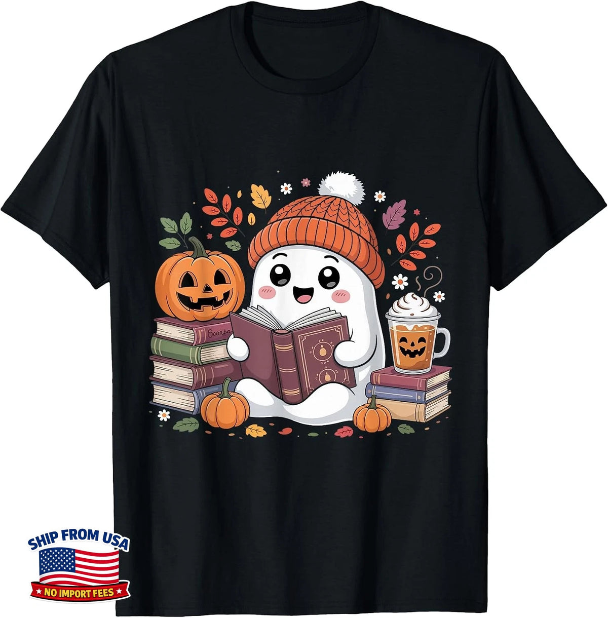 Cute Ghost Reading Book Lover Halloween Ghost Coffee Pumpkin T-Shirt