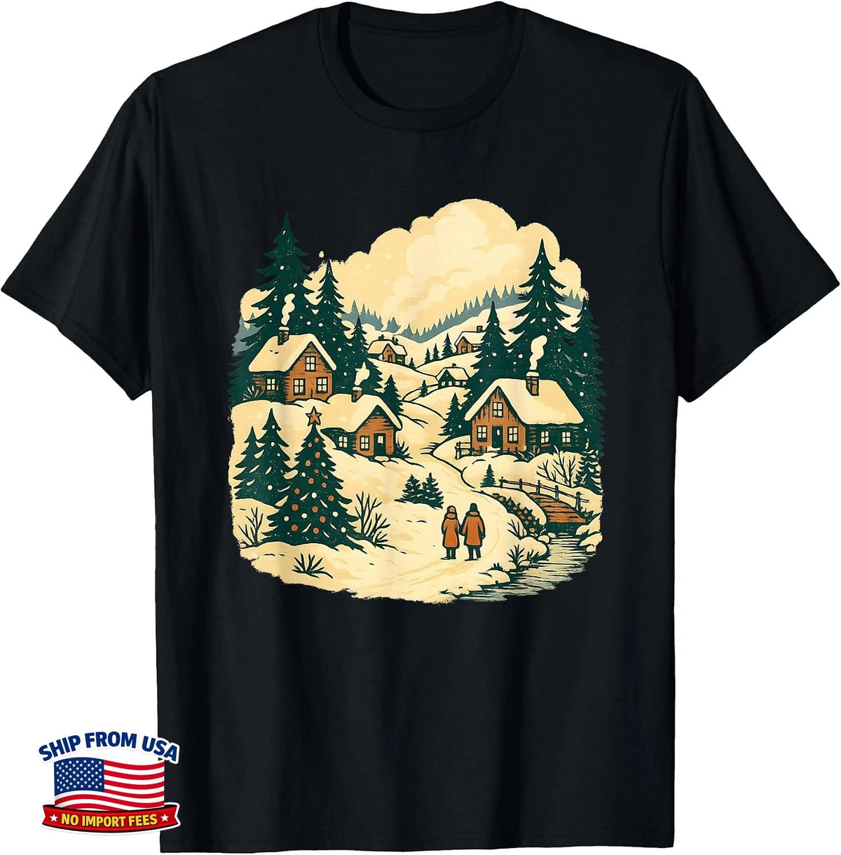 Winter Village Cabin Retro Christmas T-Shirt Image 1 of 4