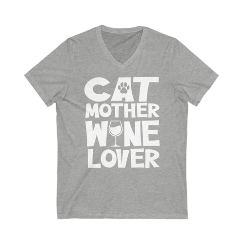 "Cat Mother Wine Lover: Unisex V-Neck Tee for the Ultimate Feline Enthusiast!"