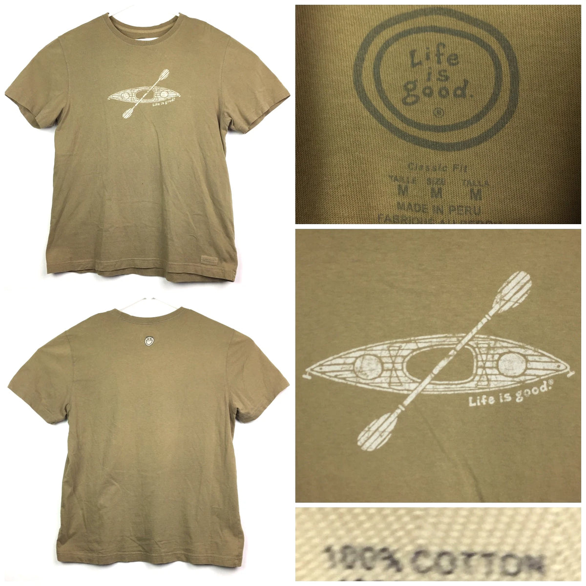 Life is Good Mens Medium Olive Brown Kayak River Rat Cotton Distress Graphic Tee