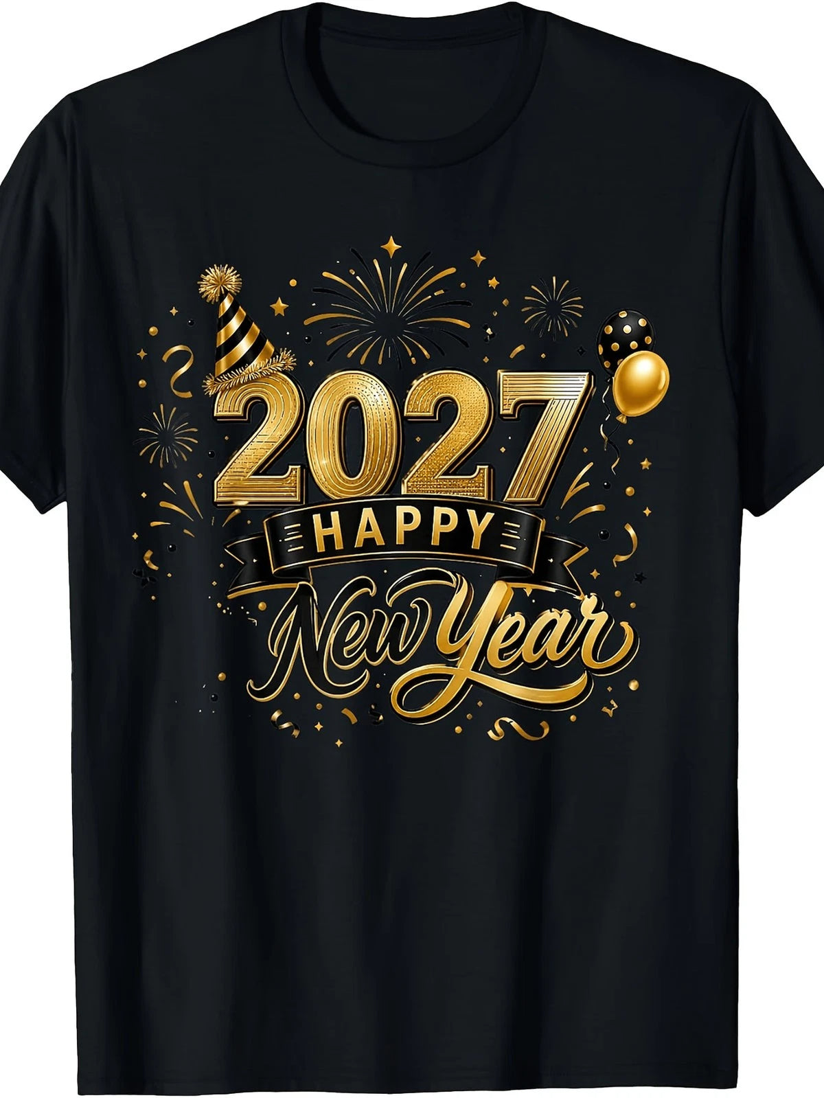 2027 New Year Tee Fireworks Balloons Party Hat Printed Funny T Shirt Pullover ❀