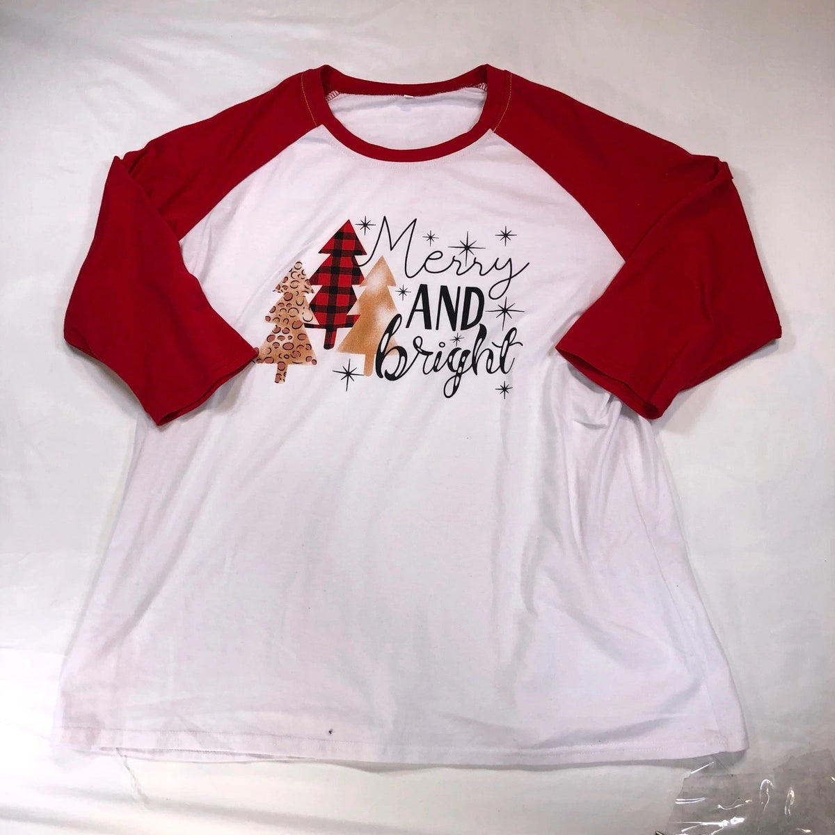 Merry and Bright Christmas Raglan Baseball Tee Red White Buffalo Plaid Leopard Image 1 of 4