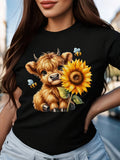 Highland Cow Sunflower Graphic TShirt Casual with Cute Highland Cow Sunflower