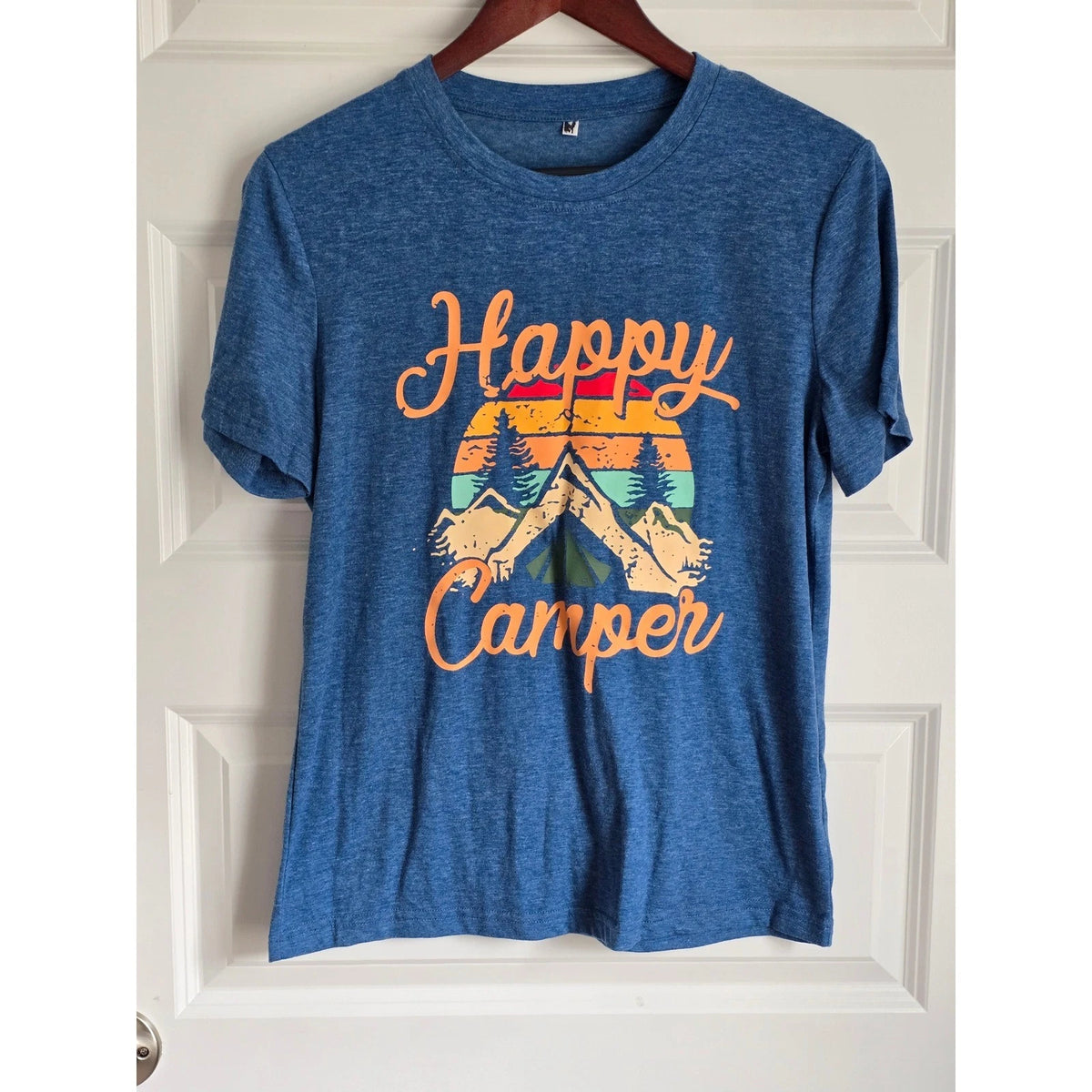 Happy Camper Graphic T-Shirt Blue Heather Retro Sunset Mountain Tee Medium Image 1 of 3