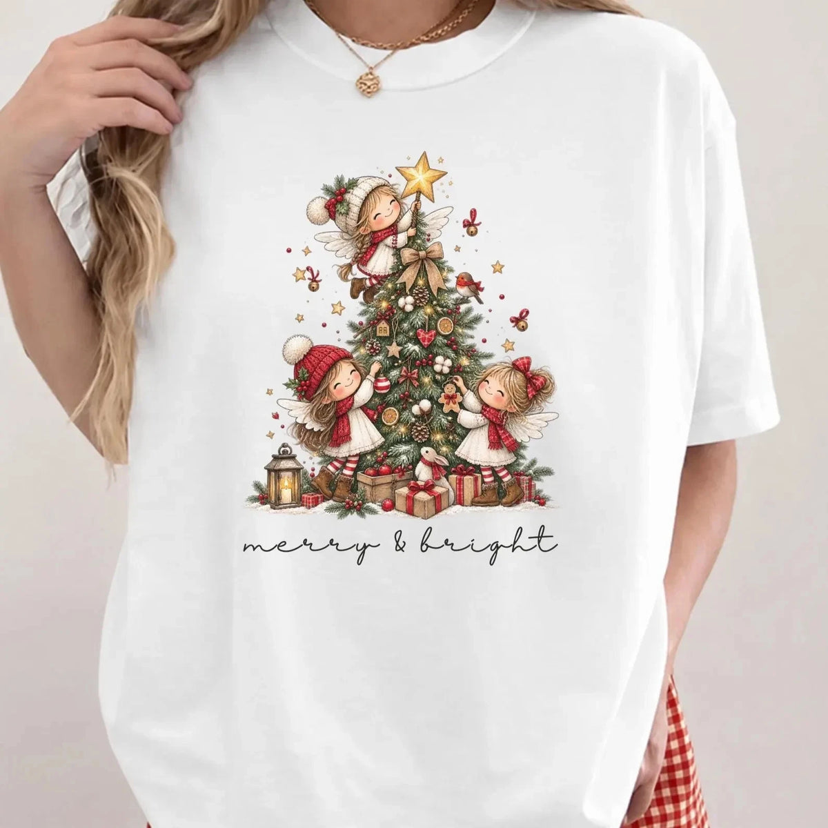 Merry And Bright Christmas Shirt Vintage Angel Tree Graphic Tee Gift