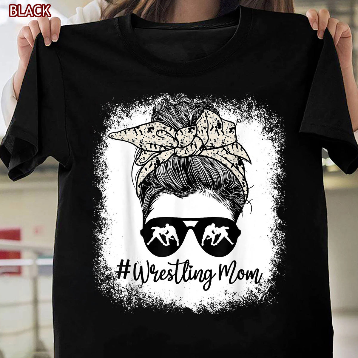 Bleached Life Wrestling Mom Leopard Messy Bun Glasses T-Shirt for Women, Mothers