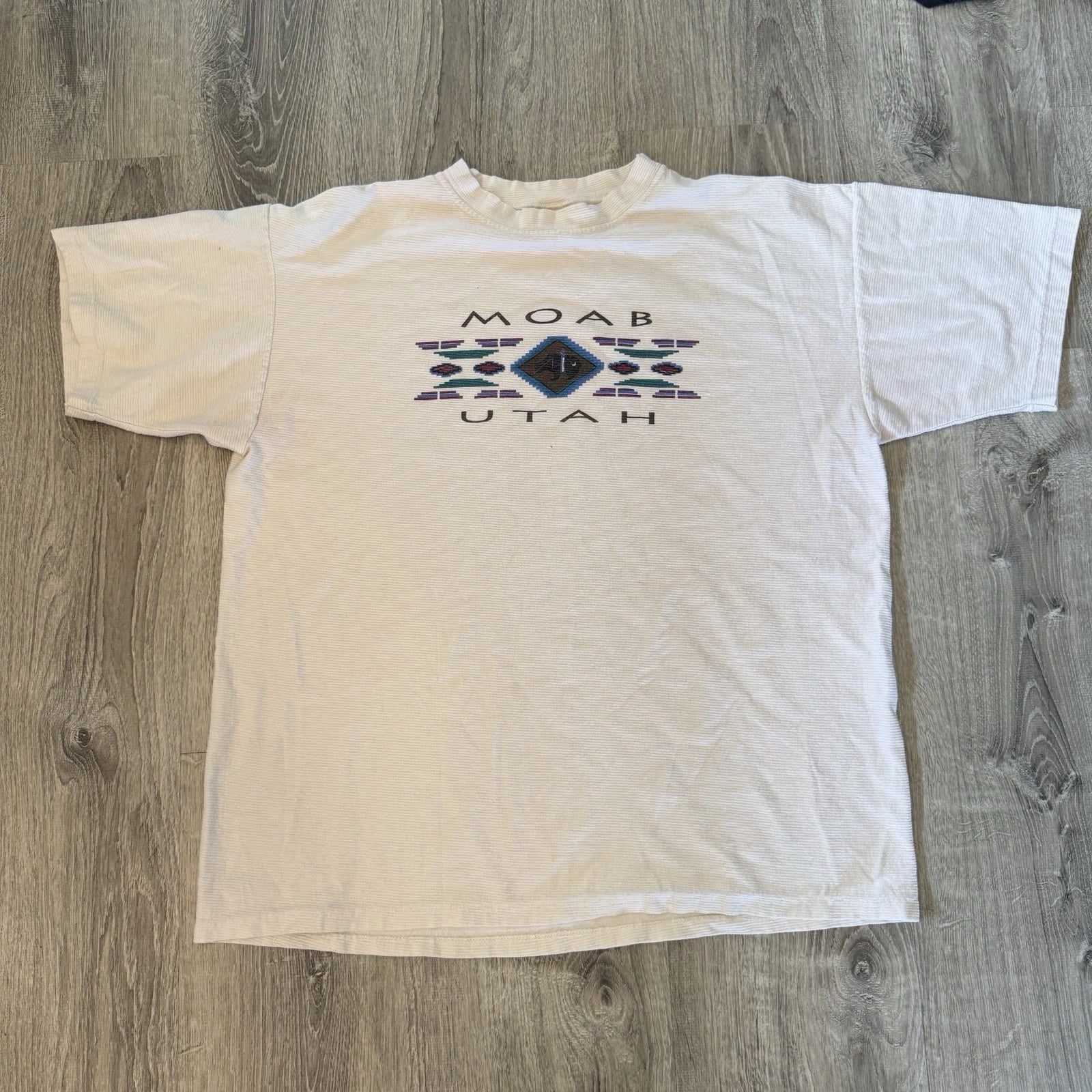 Cal Cru Moab Utah Beige Neutral Pinstriped Texted Graphic T Shirt  XXL