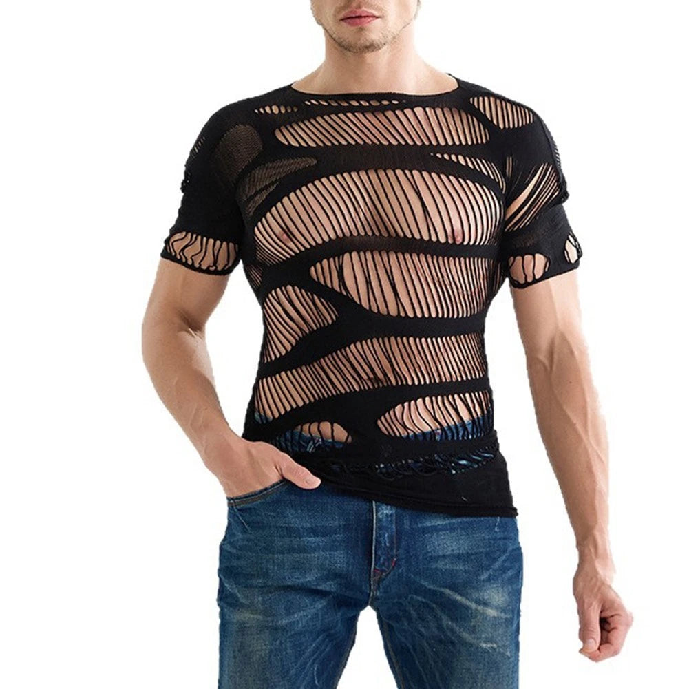 Trendy Men Mesh Tops Sexy O-neck T-shirts Solid Pattern Black Mesh Top