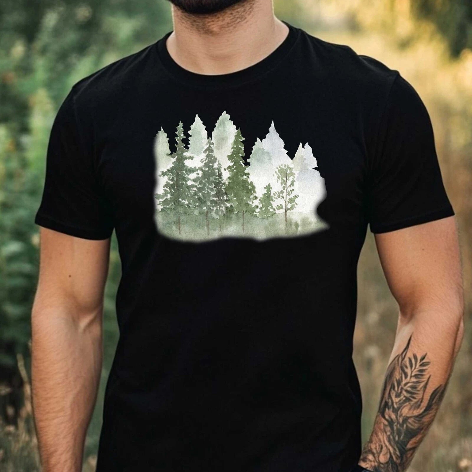 Mens Forest Landscape Motif Cotton T-Shirt Size XS to 5XL
