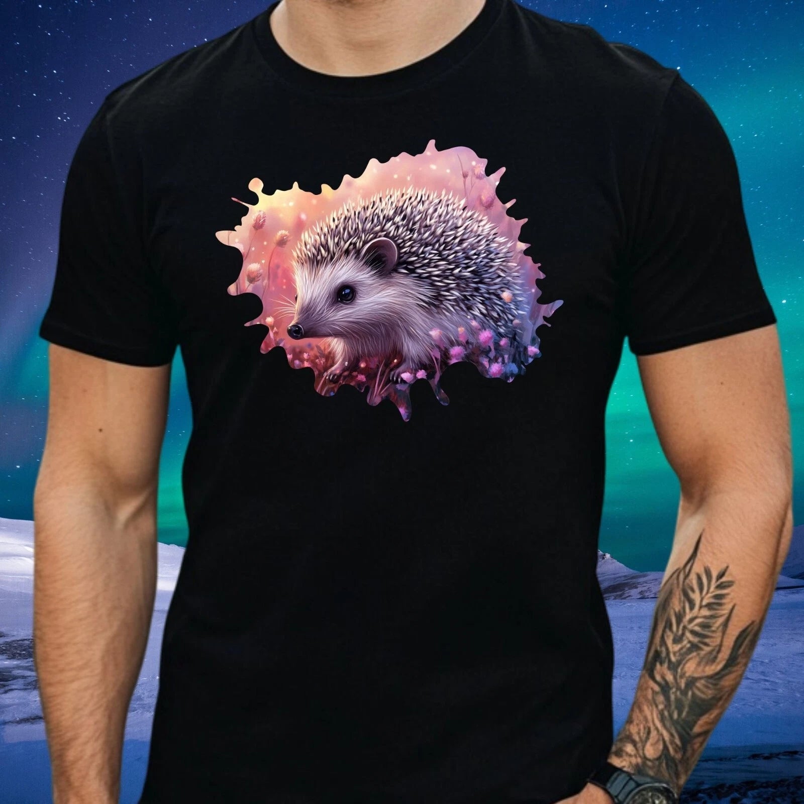 Mens Hedgehog Motif Cotton T-Shirt Size XS to 5XL