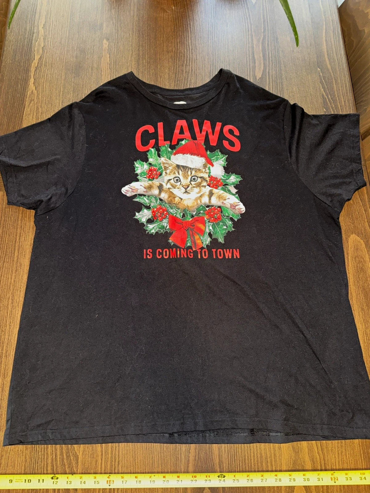 Holliday Time Black Christmas Cat Graphic Crew Neck Cotton T-Shirt 3XL