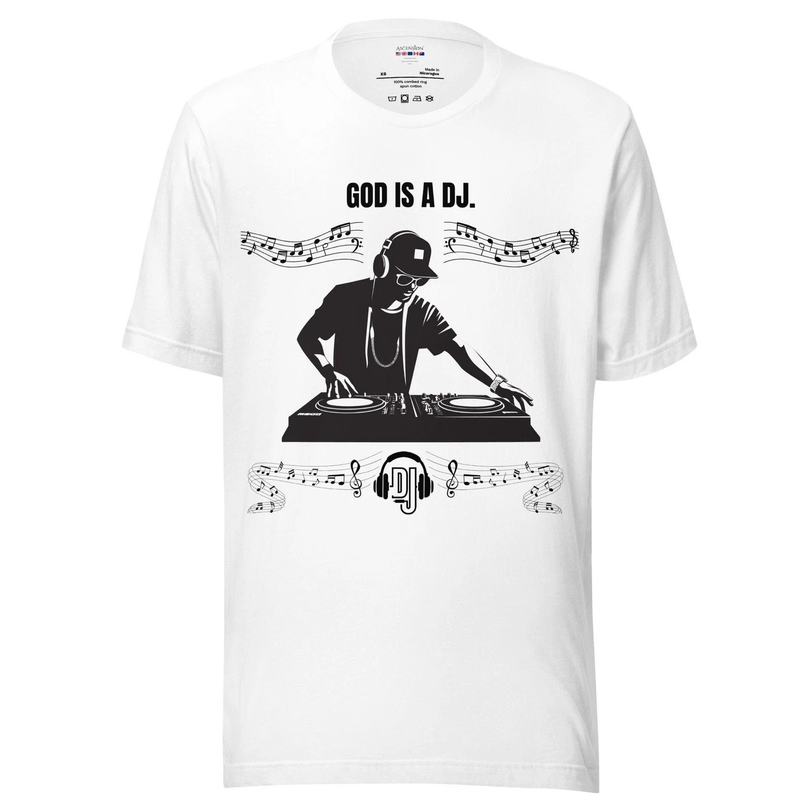 God Is A DJ Unisex white cotton  t-shirt designed by Ascension UK