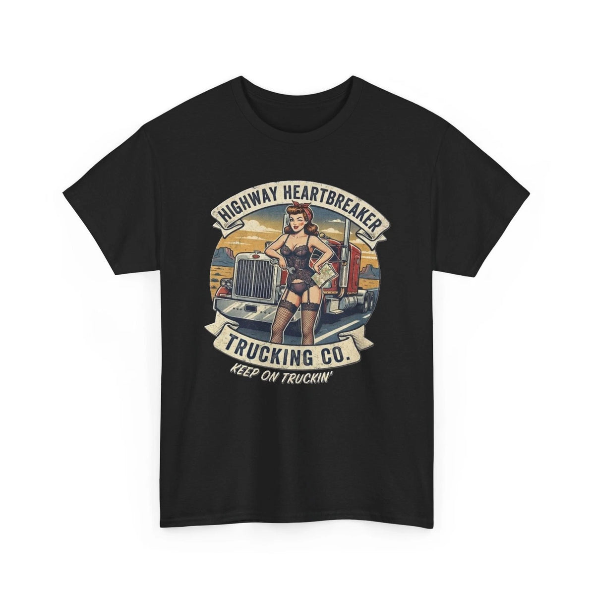 Highway Heartbreaker Trucking Co pinup girl T-Shirt | Trucker Rig Vintage Badge
