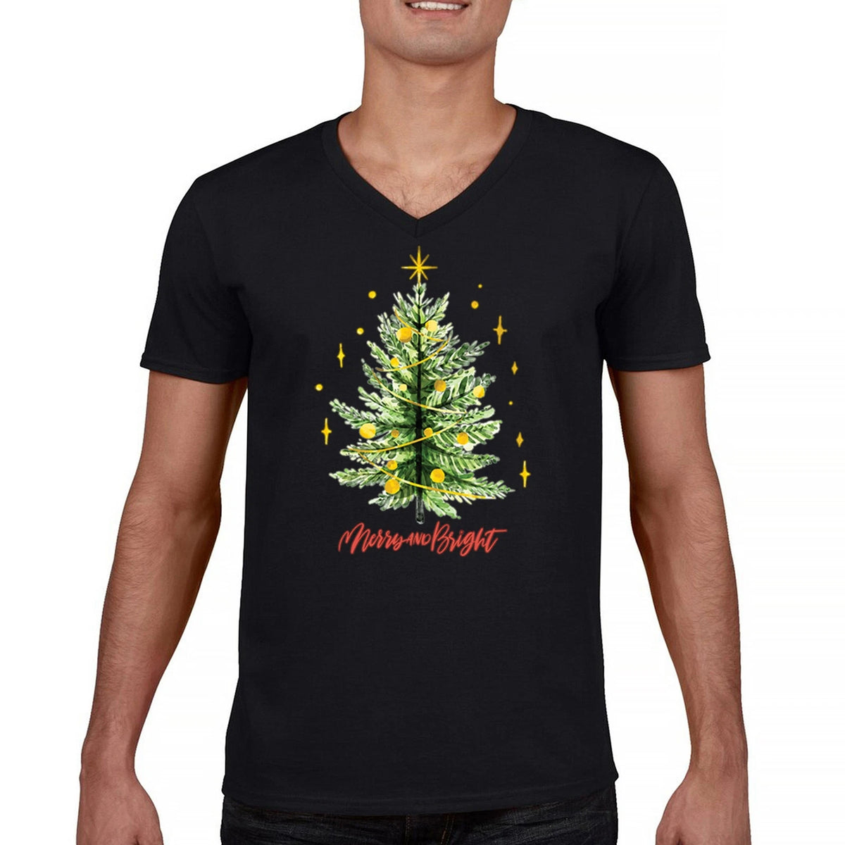 Merry And Bright V-Neck T-shirt Christmas Tree Holiday Spirit Jolly Cozy Tee