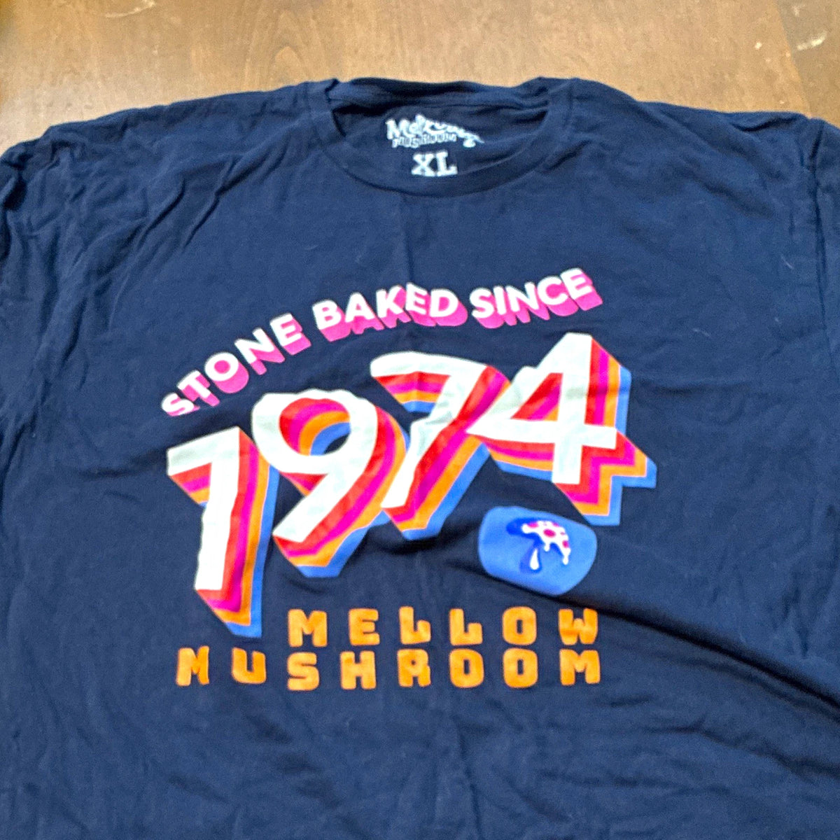 Mellow Mushroom - Blue Stone Baked Since 1974 Graphic Logo Crew Neck Tee (XL)