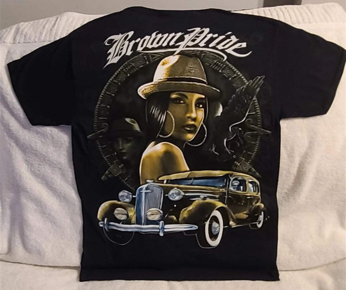 BROWN PRIDE AZTEC CALENDAR EAGLE GANGSTER CAR CHICA MEXICO T-SHIRT SHIRT