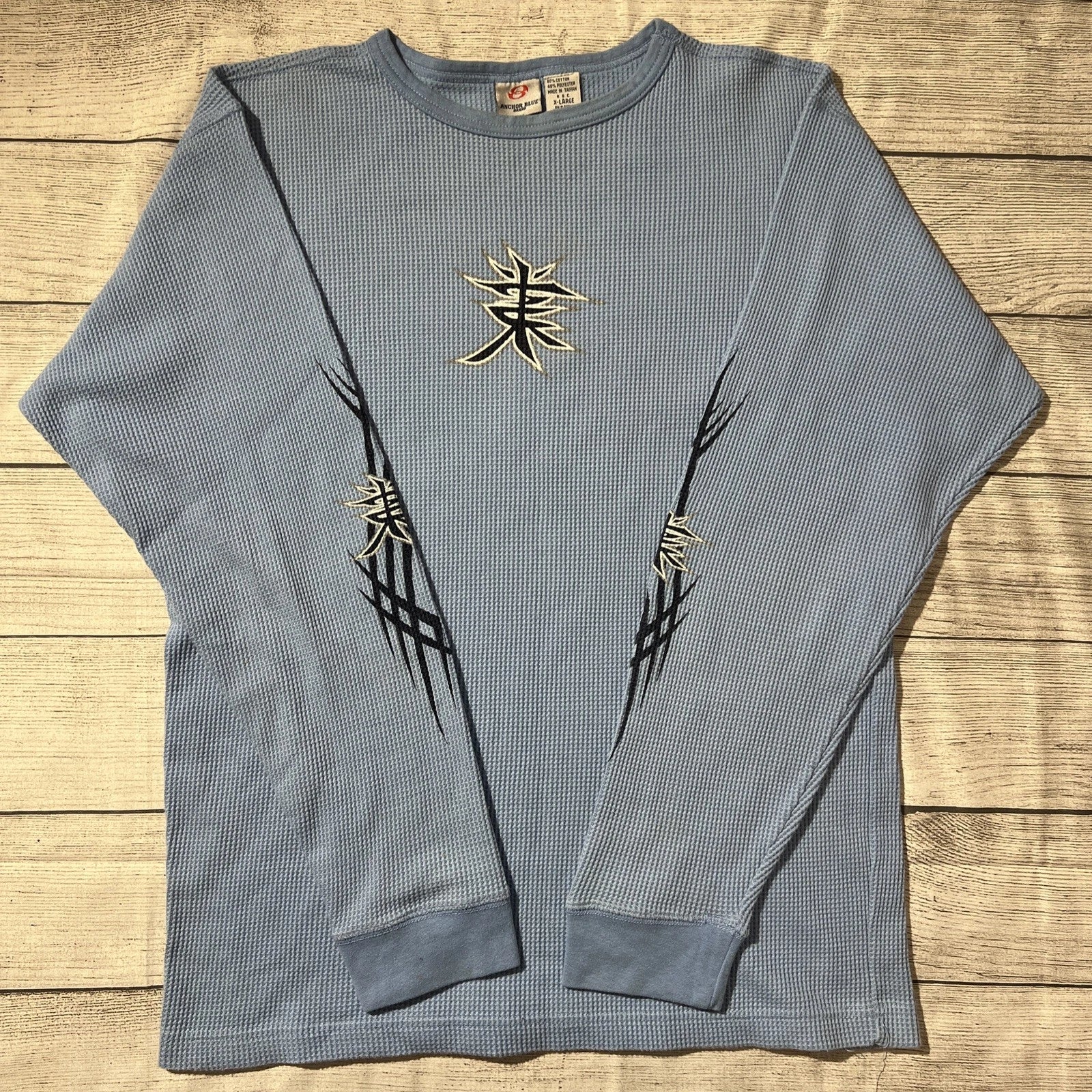 Y2K Anchor Blue Waffle Knit Long Sleeve Japanese Symbol Grunge Skater Sz XL