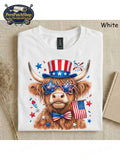 Patriotic Highland Cow T-Shirt - 4th of July Uncle Sam Cattle Graphic Tee