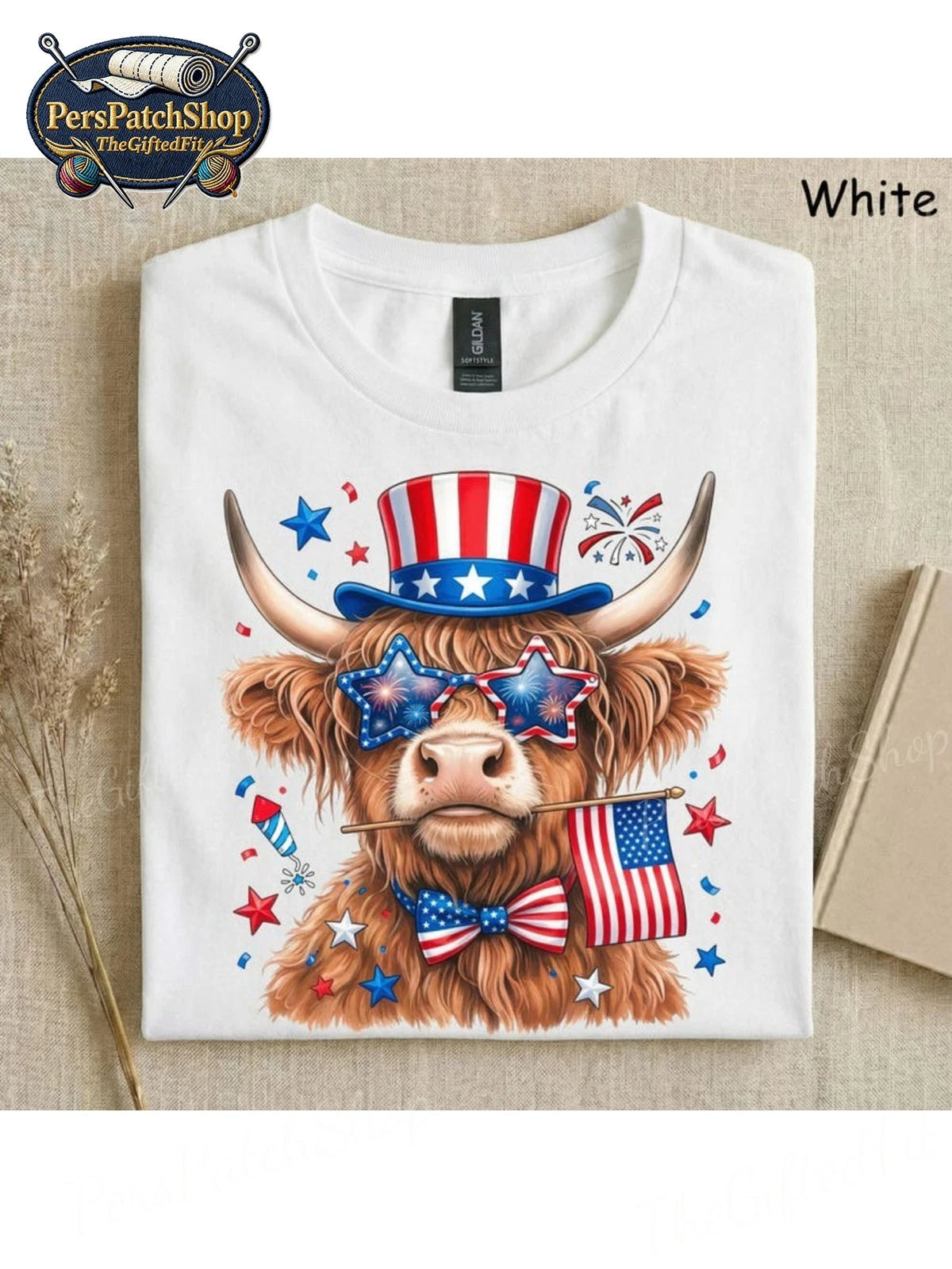 Patriotic Highland Cow T-Shirt - 4th of July Uncle Sam Cattle Graphic Tee