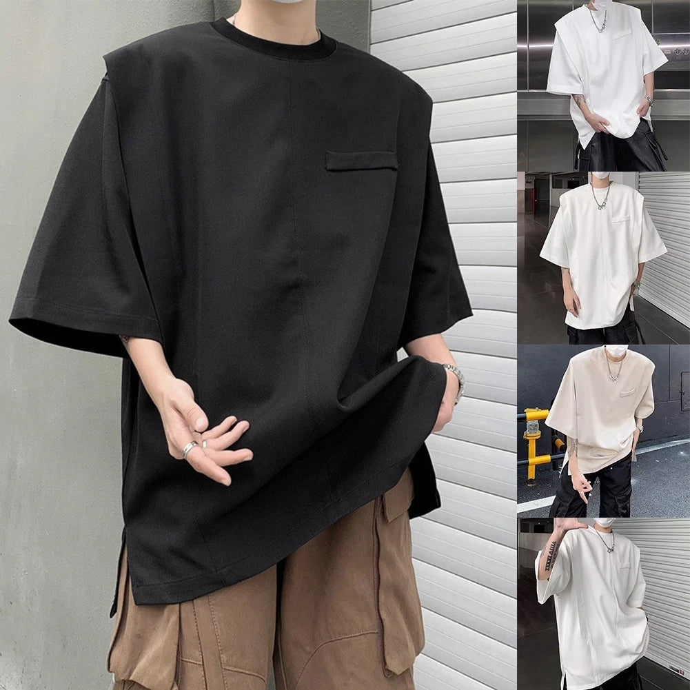 Casual Short Sleeve Tops for Men Solid Color Korean High Street Fashion