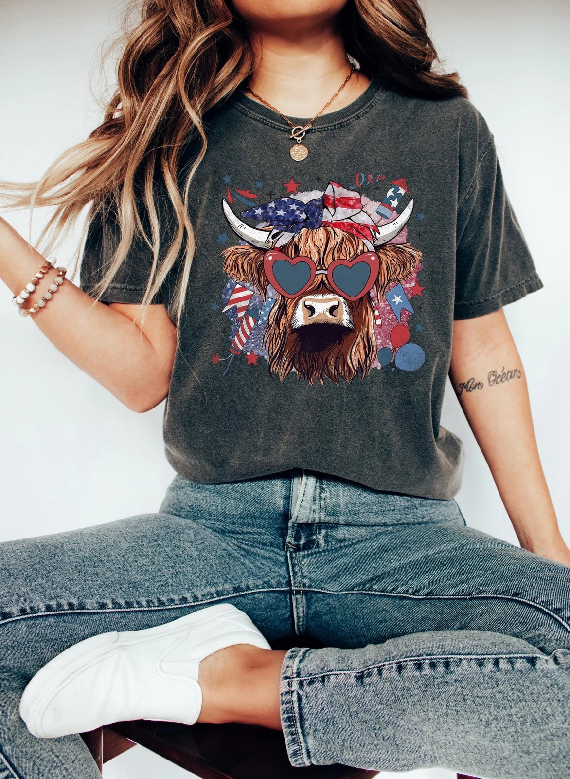 Highland Cow 4th of July Shirt Western American Flag Patriotic Independence Day