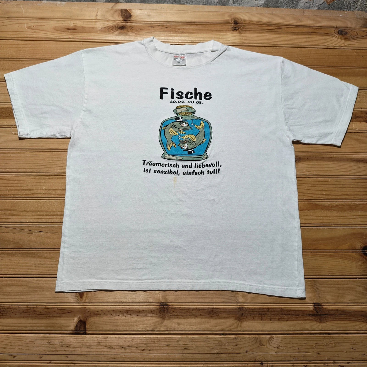 Vintage 90s Fische German Pisces Astrology Zodiac Horoscope Graphic T-Shirt 2XL Image 1 of 4