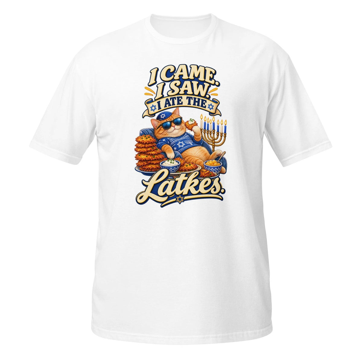 I Came I Saw I Ate The Latkes T-Shirt Funny Hanukkah Cat Menorah Holiday
