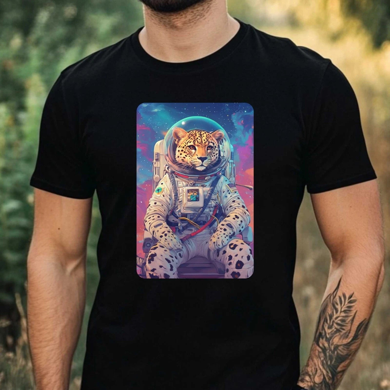 Mens Leopard Astronaut Print Cotton T-Shirt Size XS to 5XL