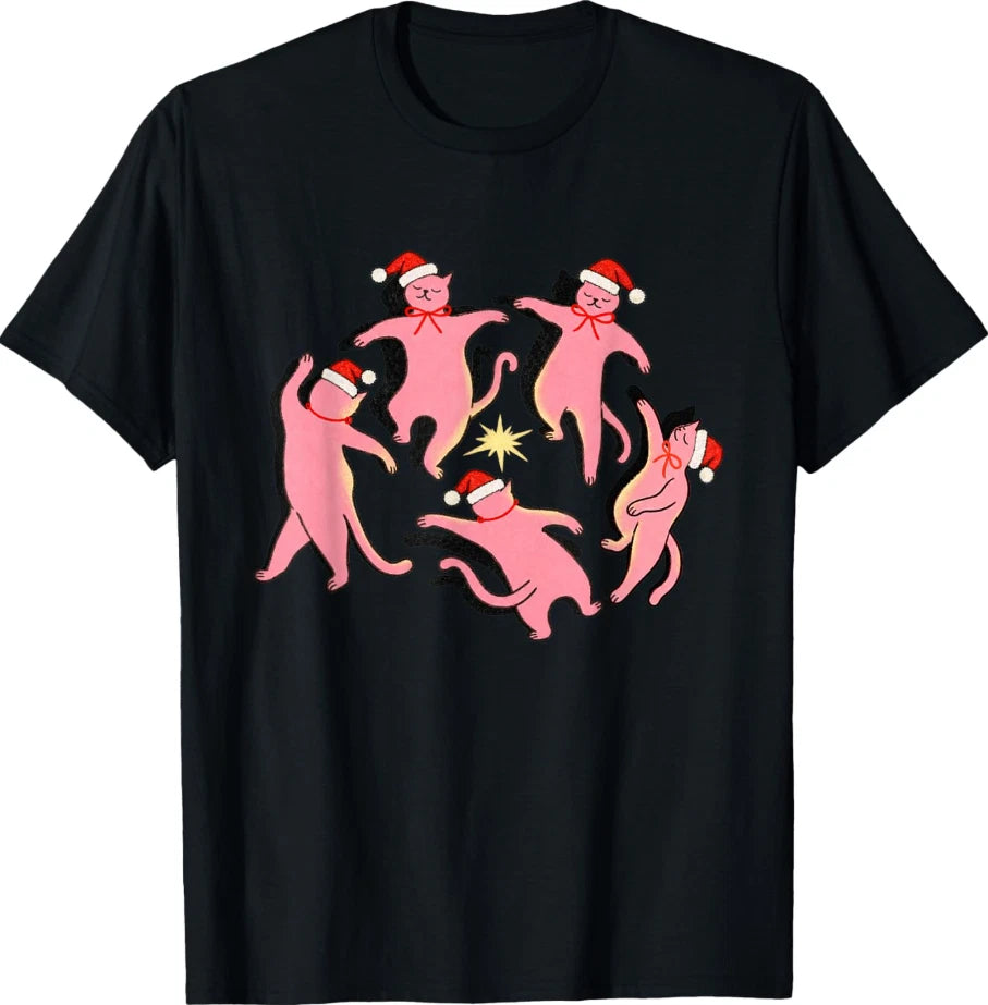 Funny Christmas Cats Dancing in Santa Hats for Cat Lovers T-Shirt