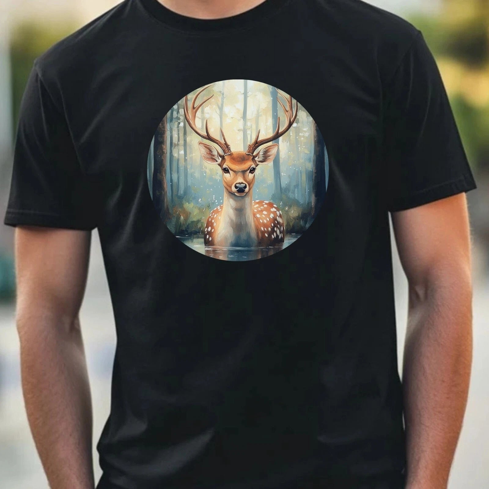 Men's Deer Portrait Motif Cotton T-Shirt Size XS to 5XL