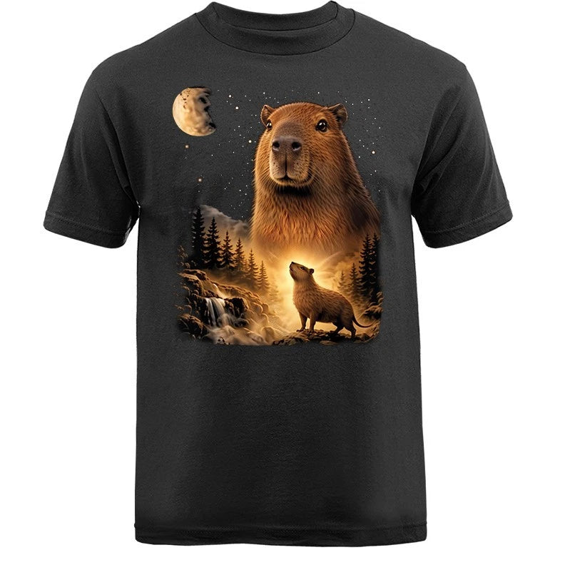Capybara Howling at Moon Night Forest Dog Waterfall T-shirt
