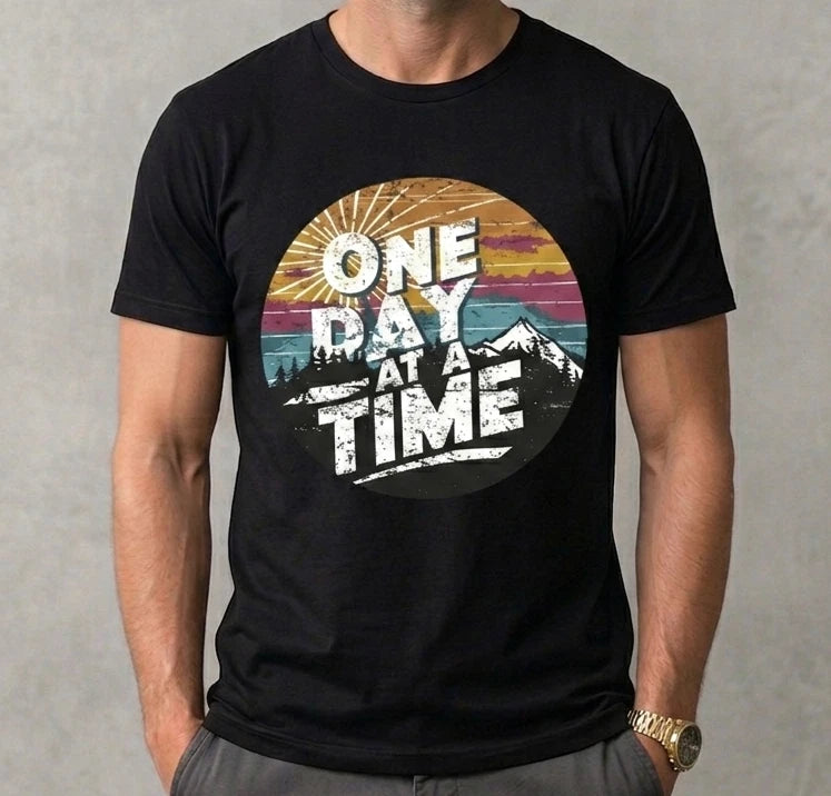 One Day at a Time T-Shirt - Vintage Retro Style Sunset Mountain Graphic Tee