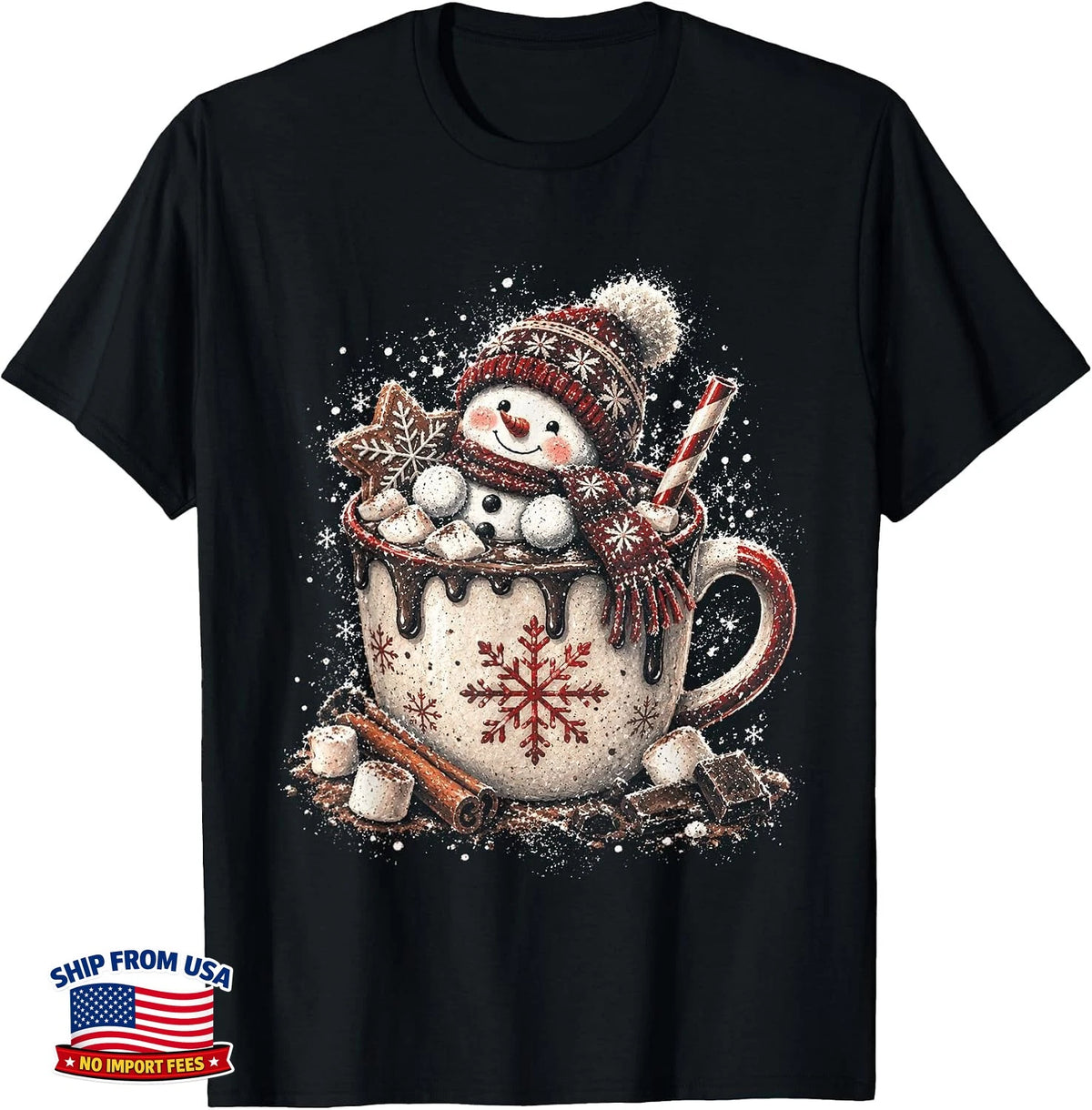 Vintage Snowman Hot Chocolate Cozy Christmas Lover Winter T-Shirt Image 1 of 4