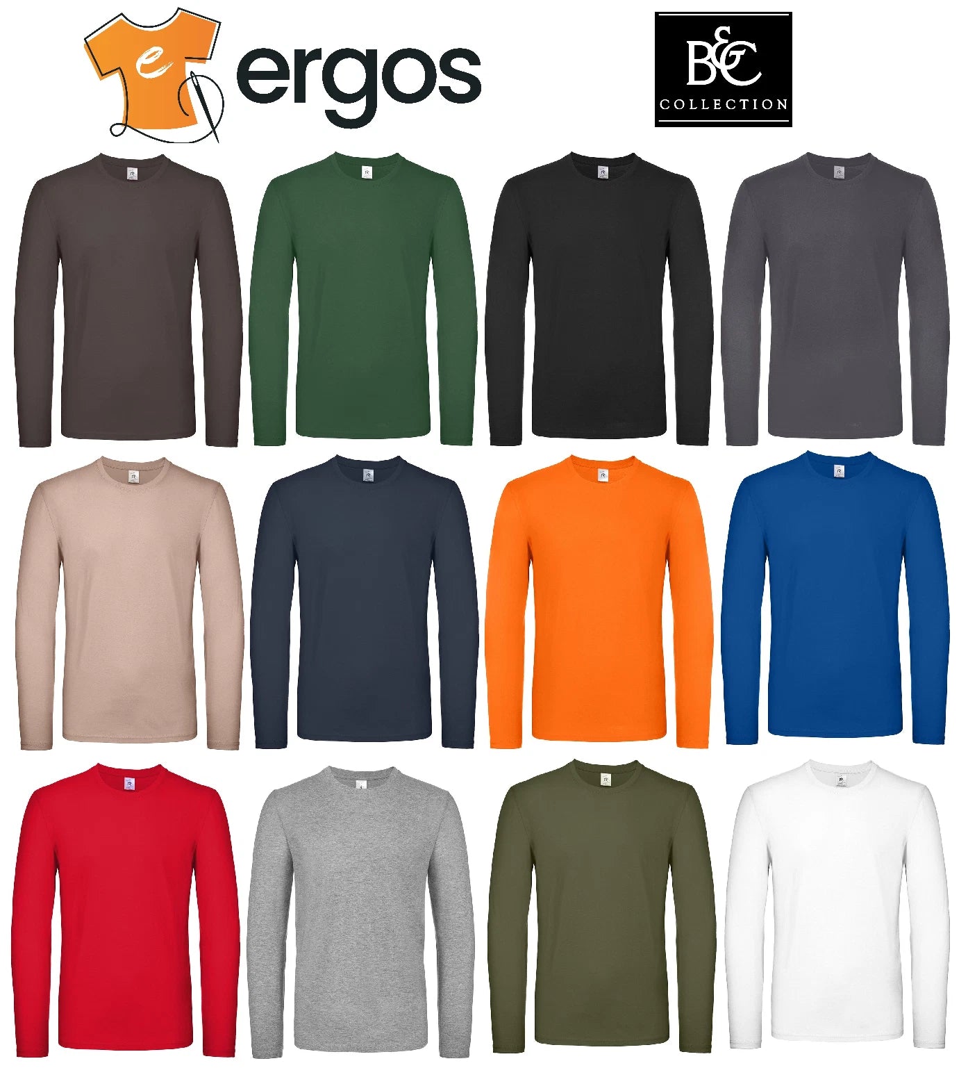 B&C Men's Solid Color Long Sleeve 100% Cotton Crew Neck Knit T-Shirt BCTU05T