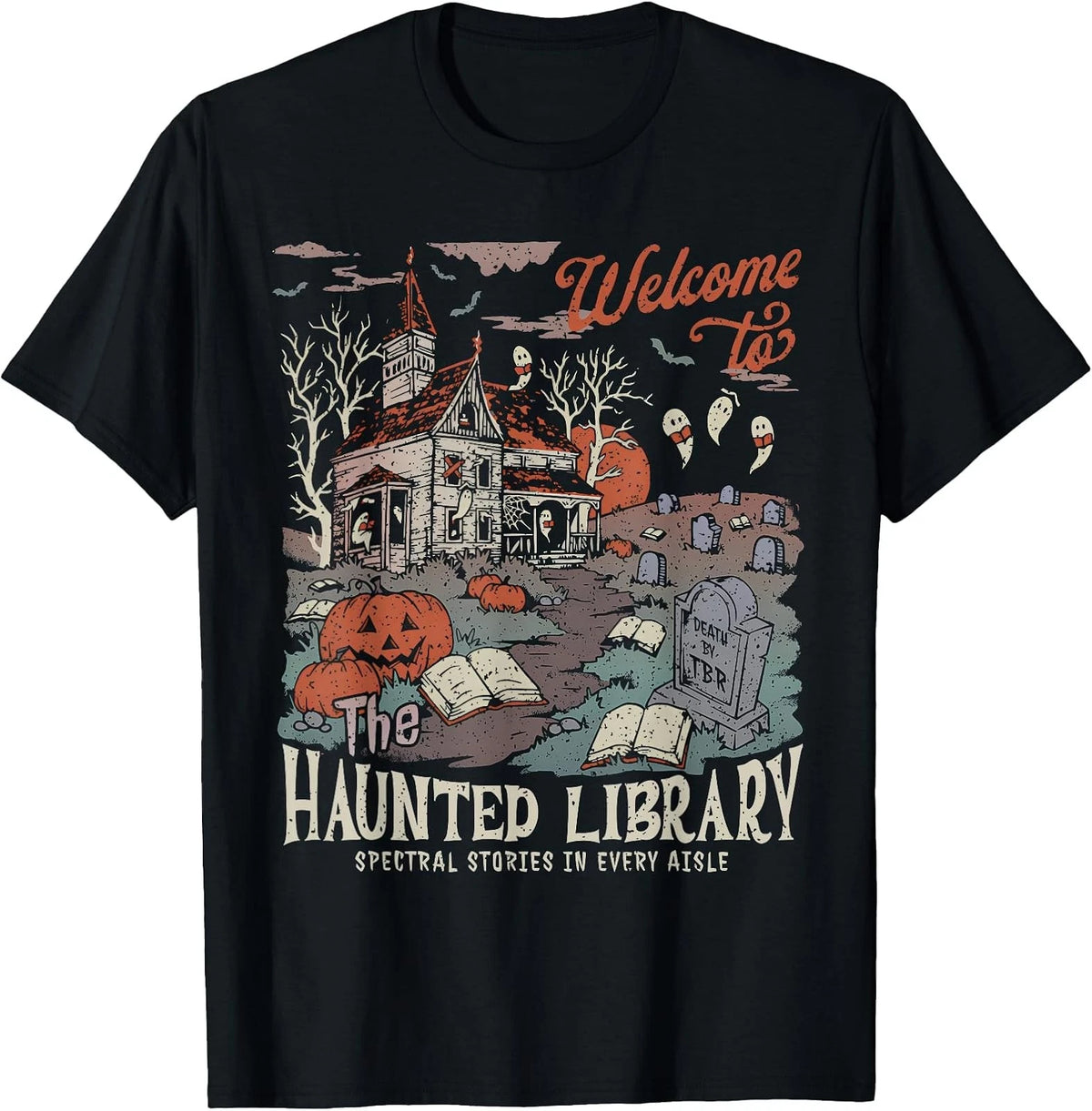 Vintage Salem Haunted Library Halloween Book Lover T-Shirt