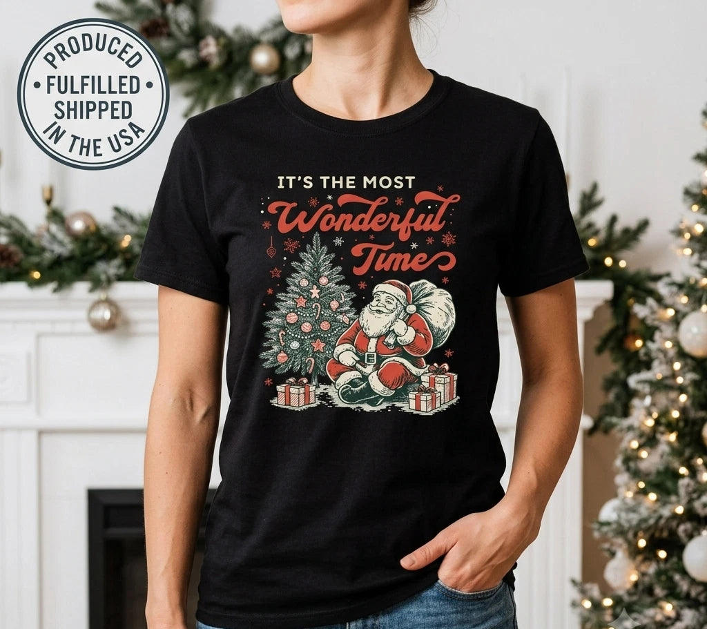 Vintage Santa Most Wonderful Time Christmas Shirt Holiday Xmas Tree Graphic Tee