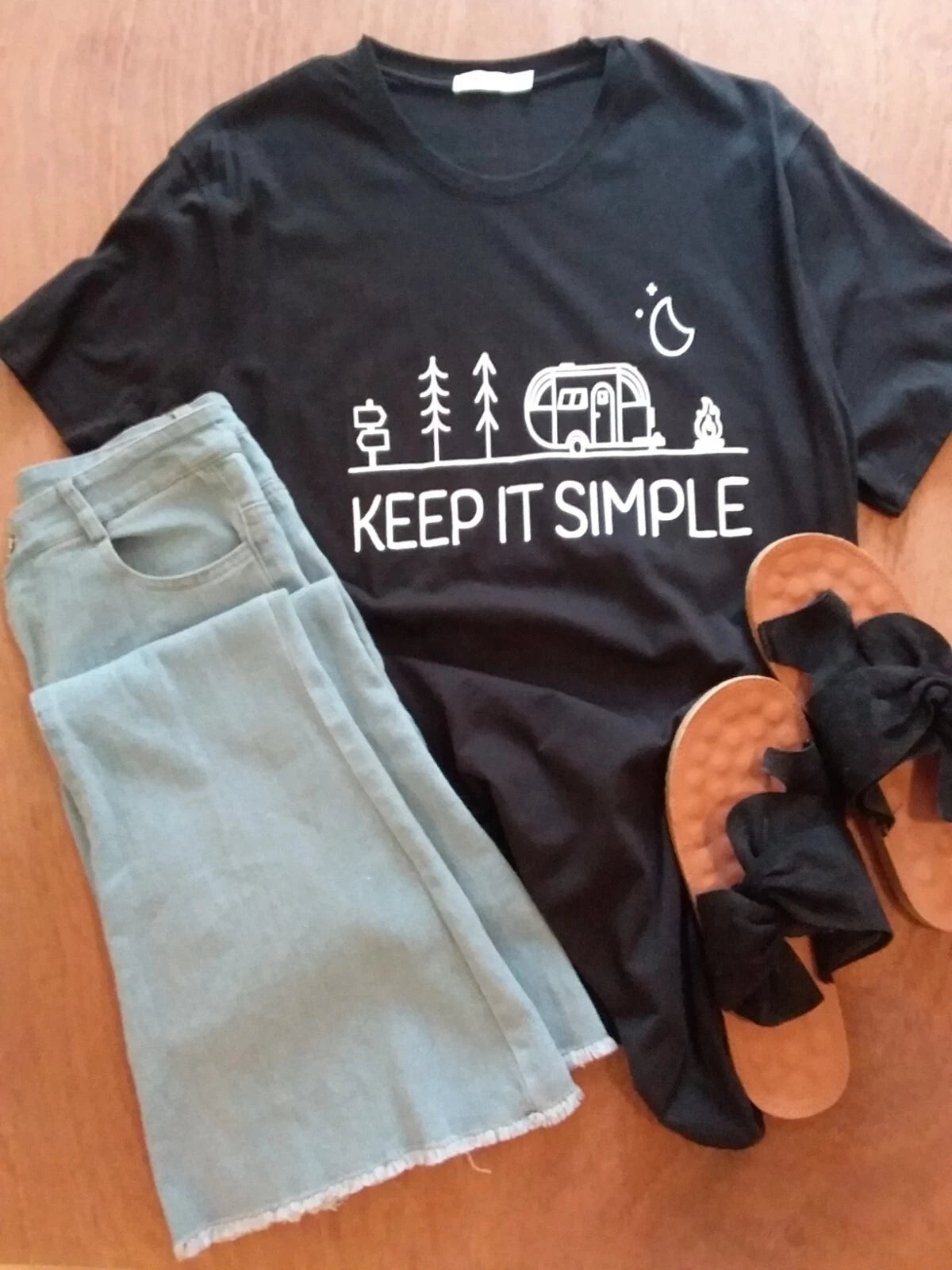 KEEP IT SIMPLE white  graphic on black hanes T-SHIRT fun summer camping SIZE XL
