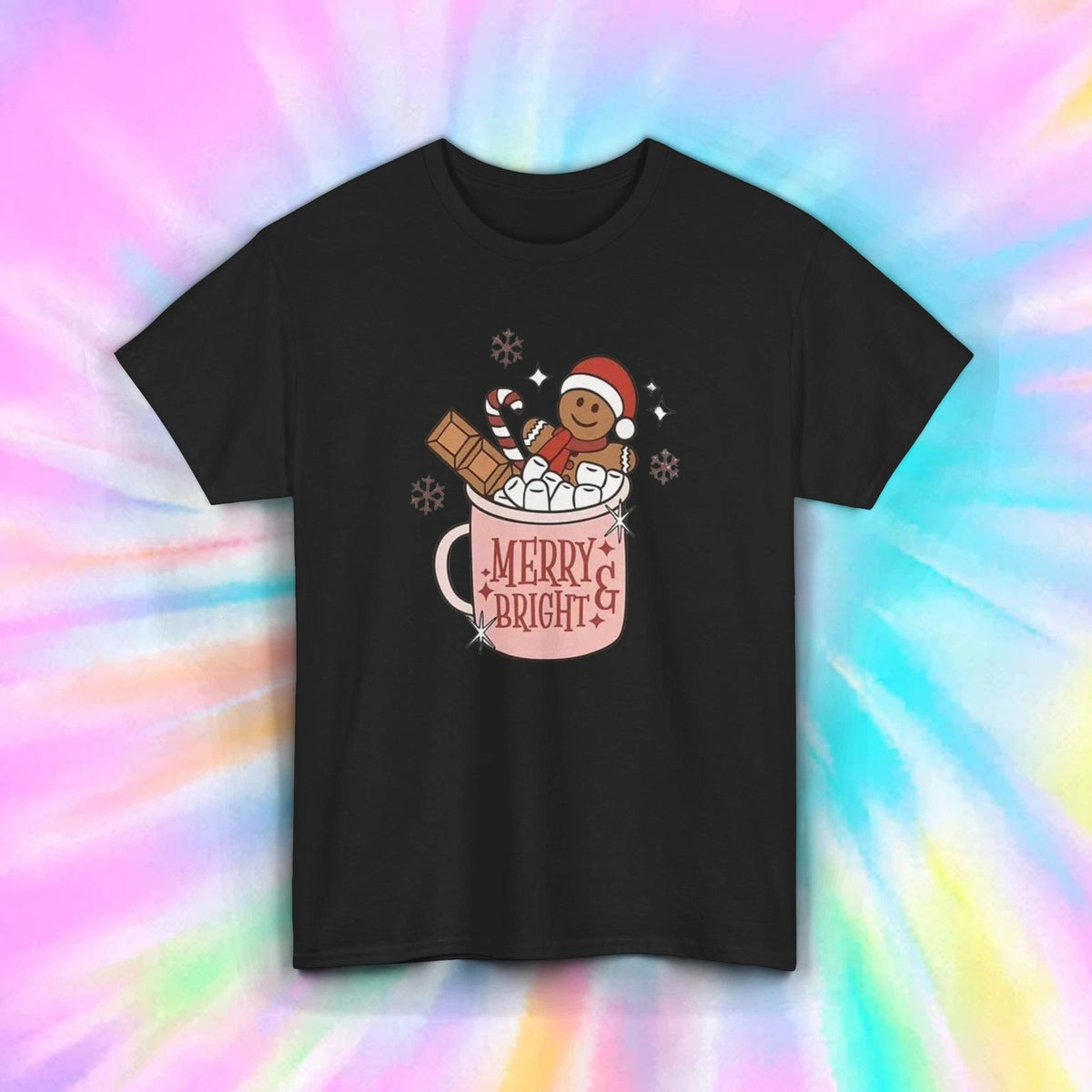 Merry and Bright T-Shirt Cute Gingerbread Hot Cocoa Christmas Graphic Tee S-5XL