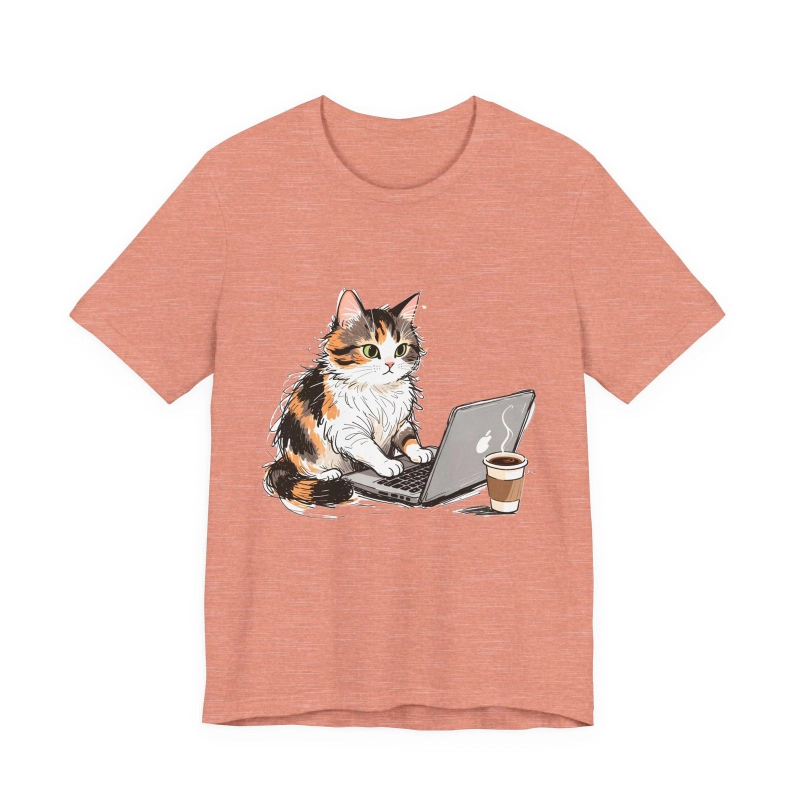 Calico Cat on Laptop Tee | Coffee Cat Graphic Shirt