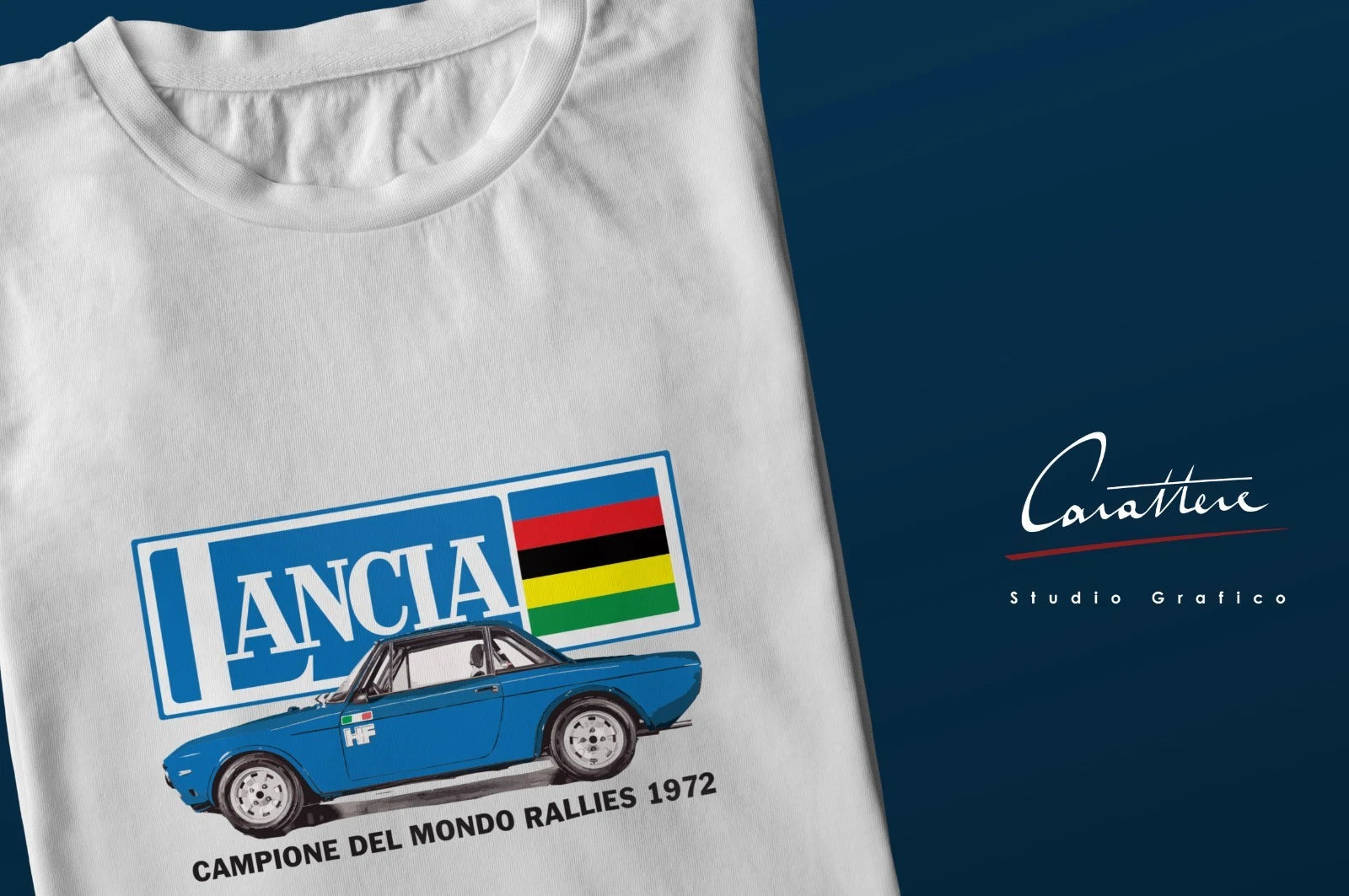 1972 LANCIA FULVIA WORLD RALLY RALLIES CHAMPION CAR JERSEY T-SHIRT blue