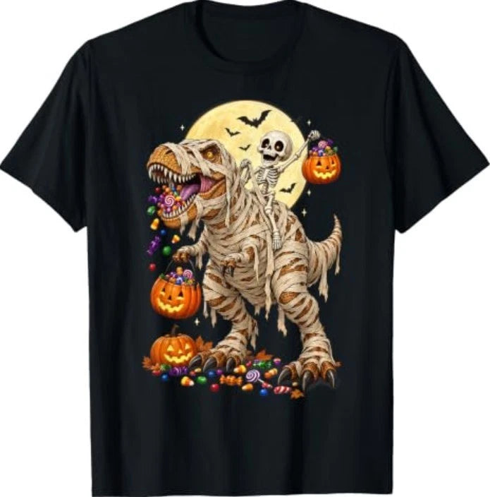 Skeleton Riding Mummy Dinosaur T Rex  Halloween T-Shirt