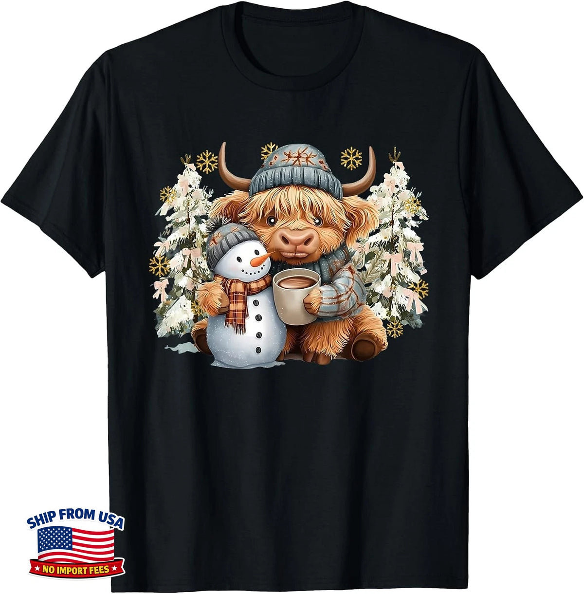 Cute Highland Cow Snowman Hot Cocoa Christmas Trees T-Shirt