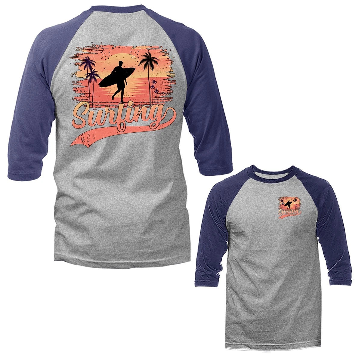 Surf Surfing Palm Tree Surfer 3/4 Sleeve Raglan