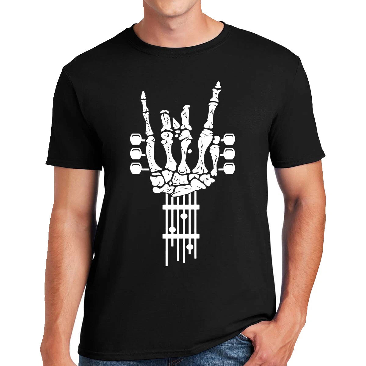 Rock On Guitar T-Shirt Music Metal Guitars Goth Punk Skeleton Skull Top Tee